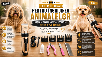 Set Profesional Pentru Îngrijirea Animalelor – Mașină De Tuns Cu 4 Accesorii De Reglaj Și Clește Pentru Unghii