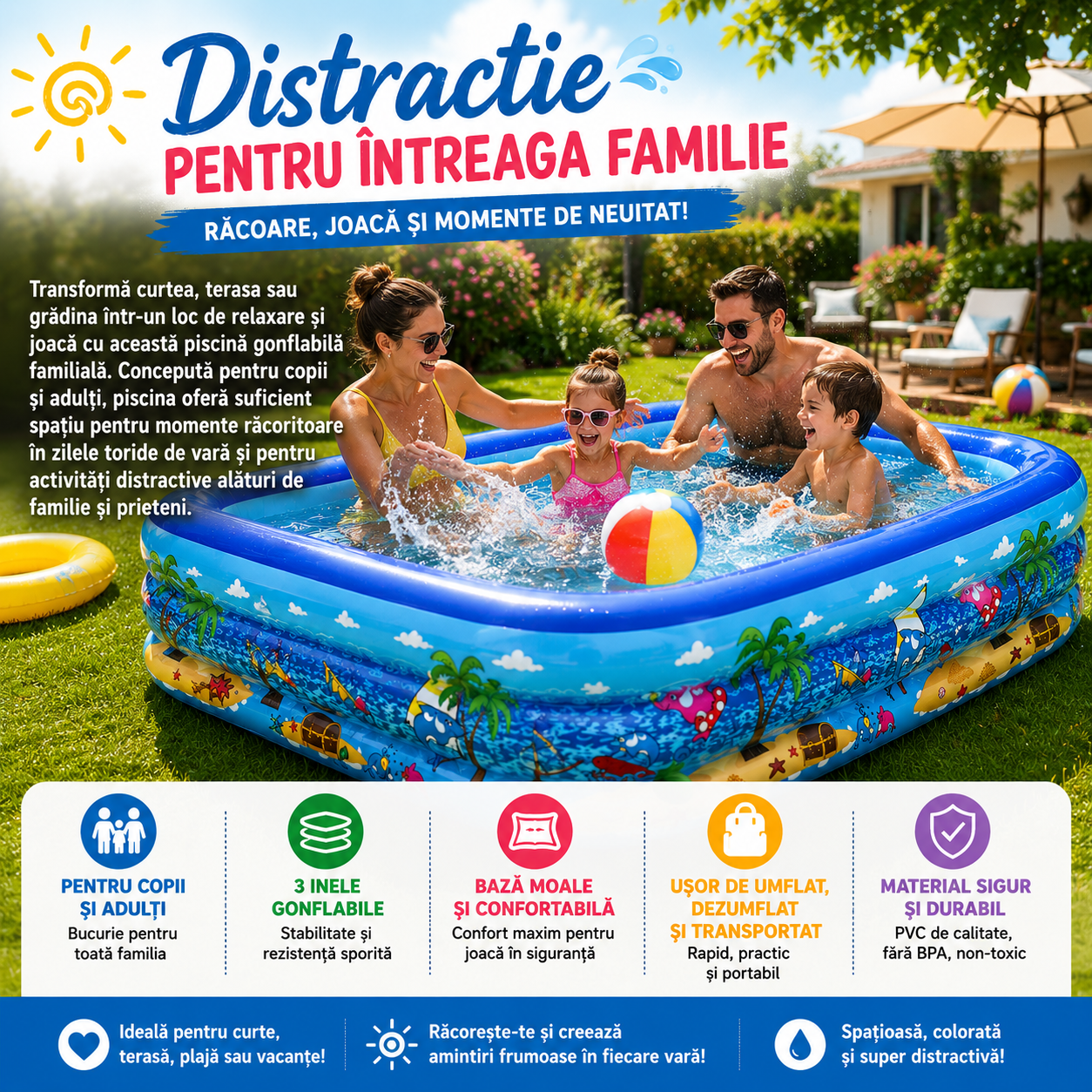 Piscină Gonflabilă XXXL pentru Copii și Adulți, 3 Inele, Bază Moale Gonflabilă, 4 Dimensiuni