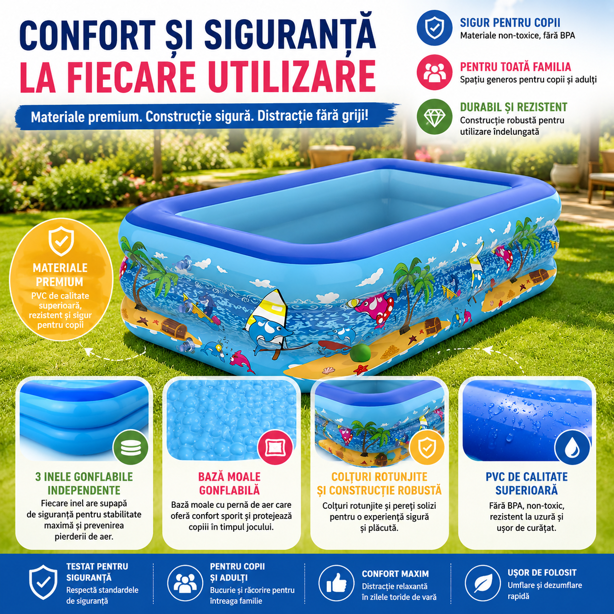 Piscină Gonflabilă XXXL pentru Copii și Adulți, 3 Inele, Bază Moale Gonflabilă, 4 Dimensiuni