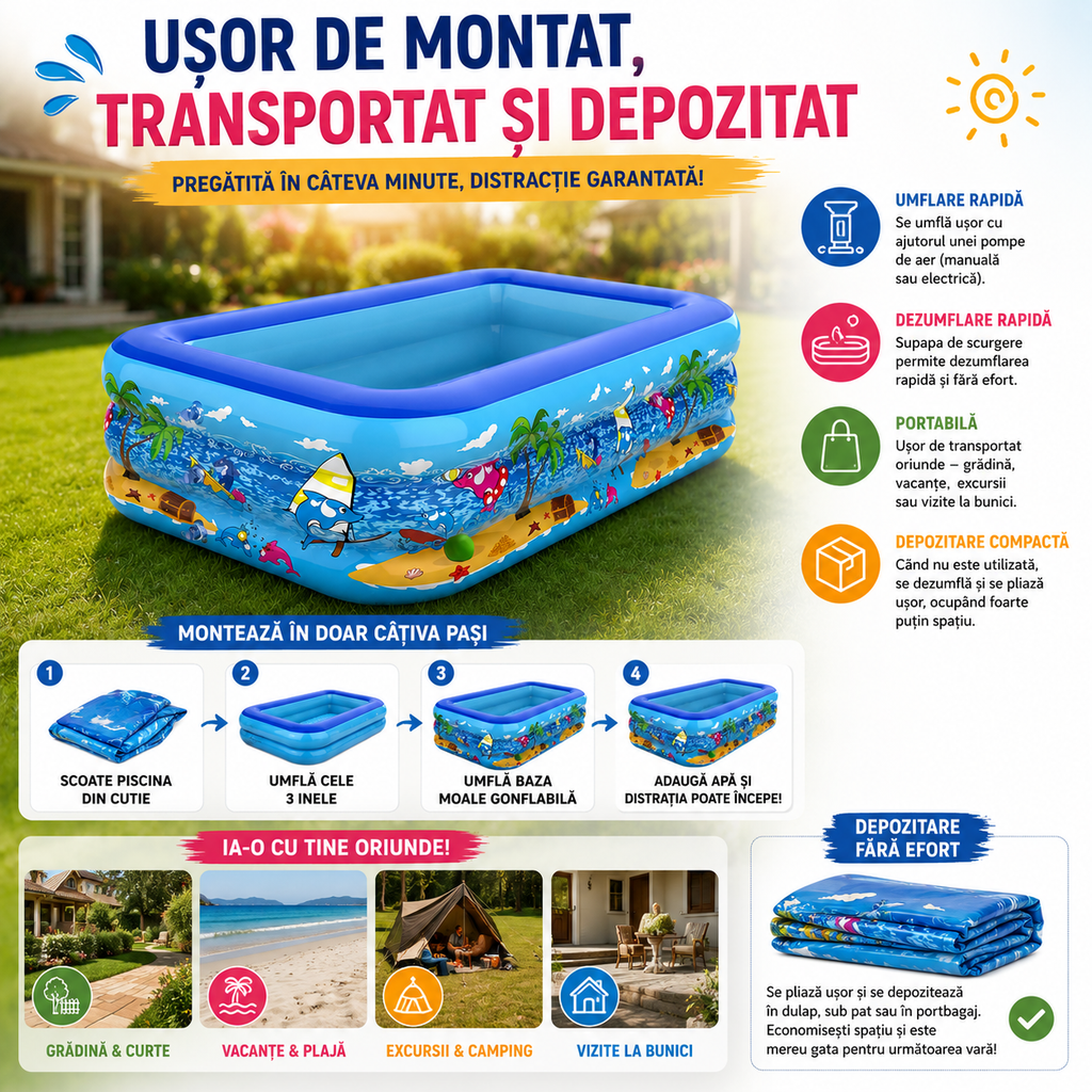 Piscină Gonflabilă XXXL pentru Copii și Adulți, 3 Inele, Bază Moale Gonflabilă, 4 Dimensiuni