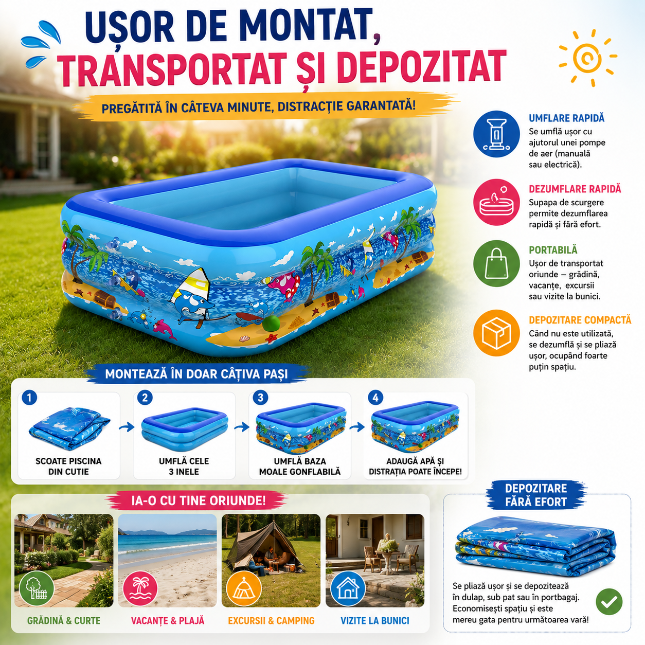 Piscină Gonflabilă XXXL pentru Copii și Adulți, 3 Inele, Bază Moale Gonflabilă, 4 Dimensiuni