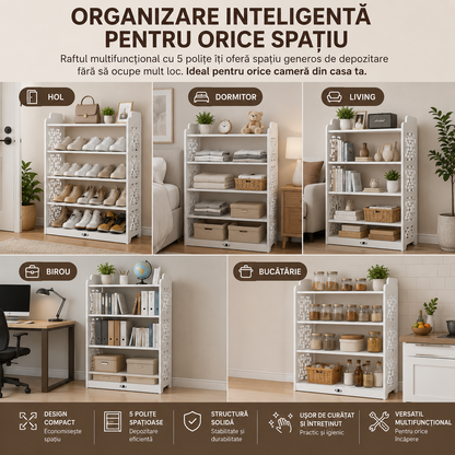 Raft Multifuncțional din Lemn cu 5 Polițe 90x62x23 cm – Suport pentru Pantofi, Bibliotecă și Organizator