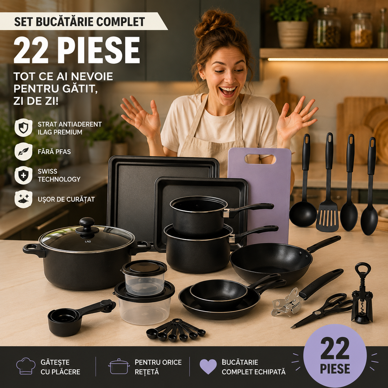 Set Bucătărie Complet 22 Piese – Tot Ce Ai Nevoie Pentru Gătit, Într-un Singur Set