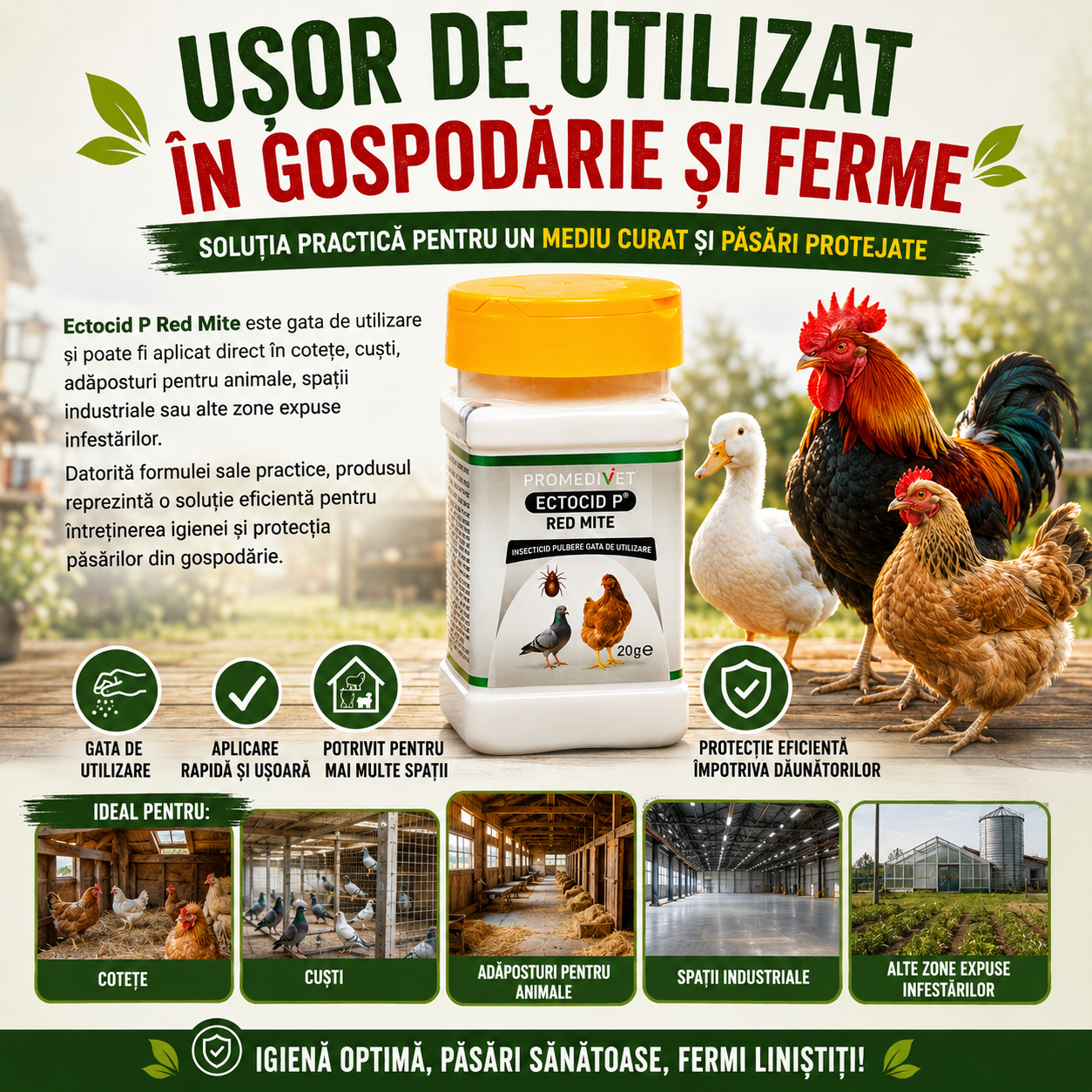 Ectocid P Red Mite 20 g – Tratament natural împotriva păduchilor și acarienilor la găini