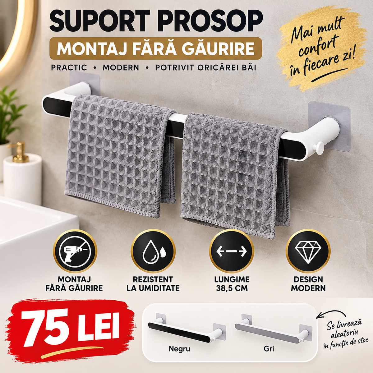 Suport Prosop Baie, Montaj Fără Găurire, Fixare Adezivă, 38,5 cm, Negru/Gri