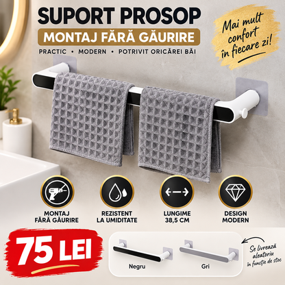 Suport Prosop Baie, Montaj Fără Găurire, Fixare Adezivă, 38,5 cm, Negru/Gri