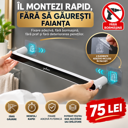 Suport Prosop Baie, Montaj Fără Găurire, Fixare Adezivă, 38,5 cm, Negru/Gri