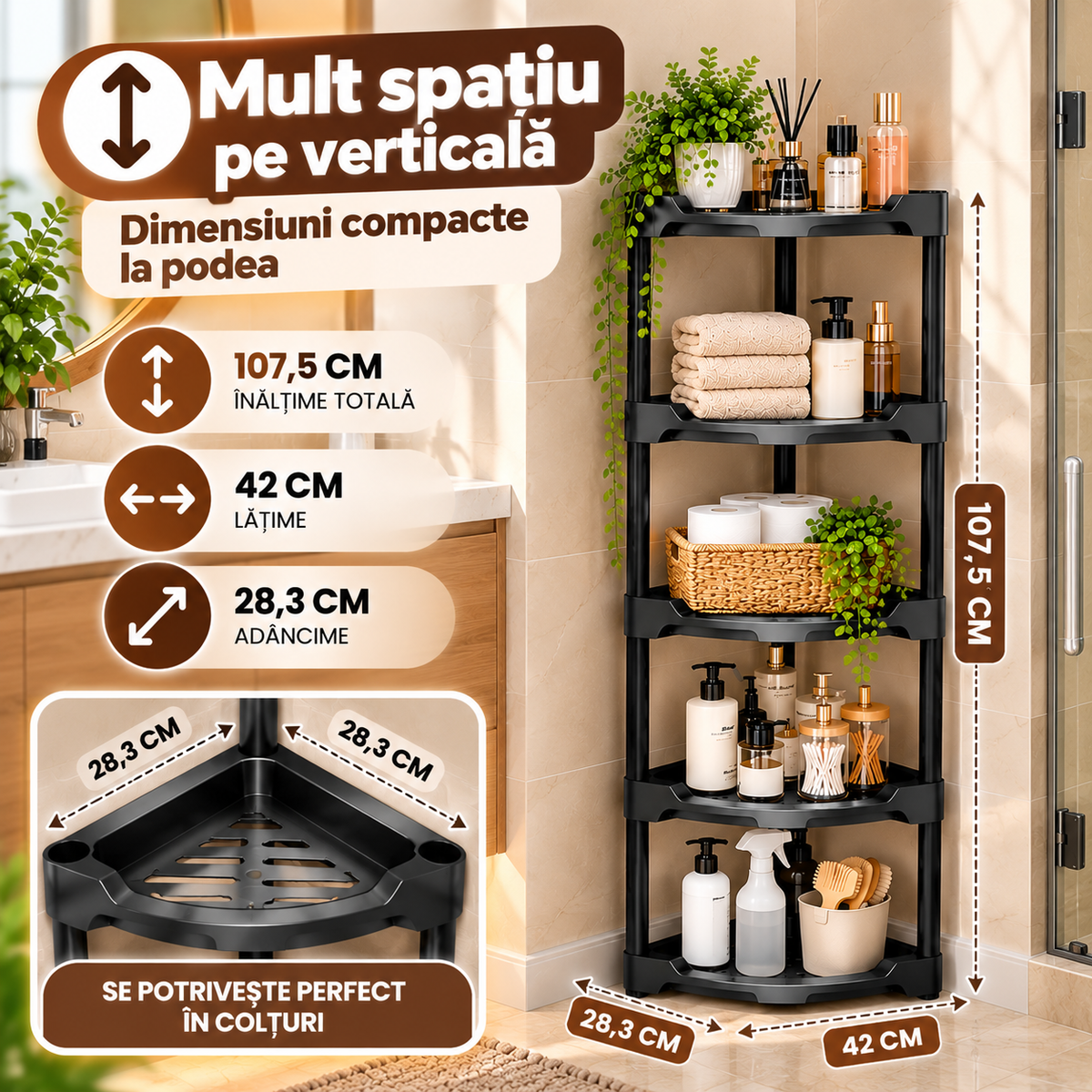 Etajeră de Colț Multifuncțională din Plastic, 5 Niveluri, 107,5 × 42 × 28,3 cm