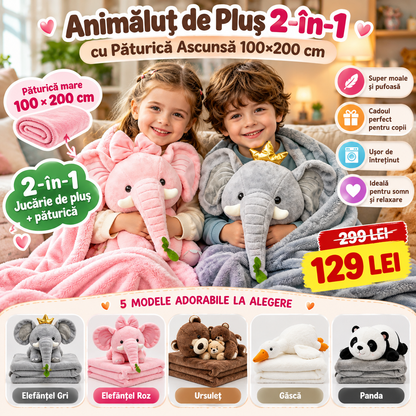 Animăluț de Pluș 2-în-1 cu Păturică Ascunsă 100×200 cm – 5 Modele Adorabile
