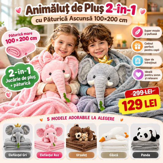 Animăluț de Pluș 2-în-1 cu Păturică Ascunsă 100×200 cm – 5 Modele Adorabile