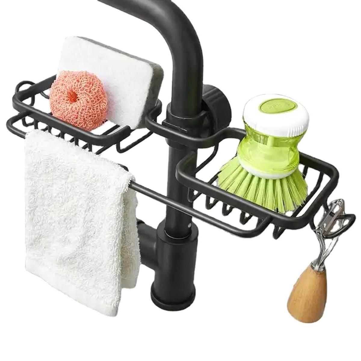 Raft organizator dublu, universal pentru bucatarie sau baie, montaj pe robinet, material otel, culoare Neagra-4