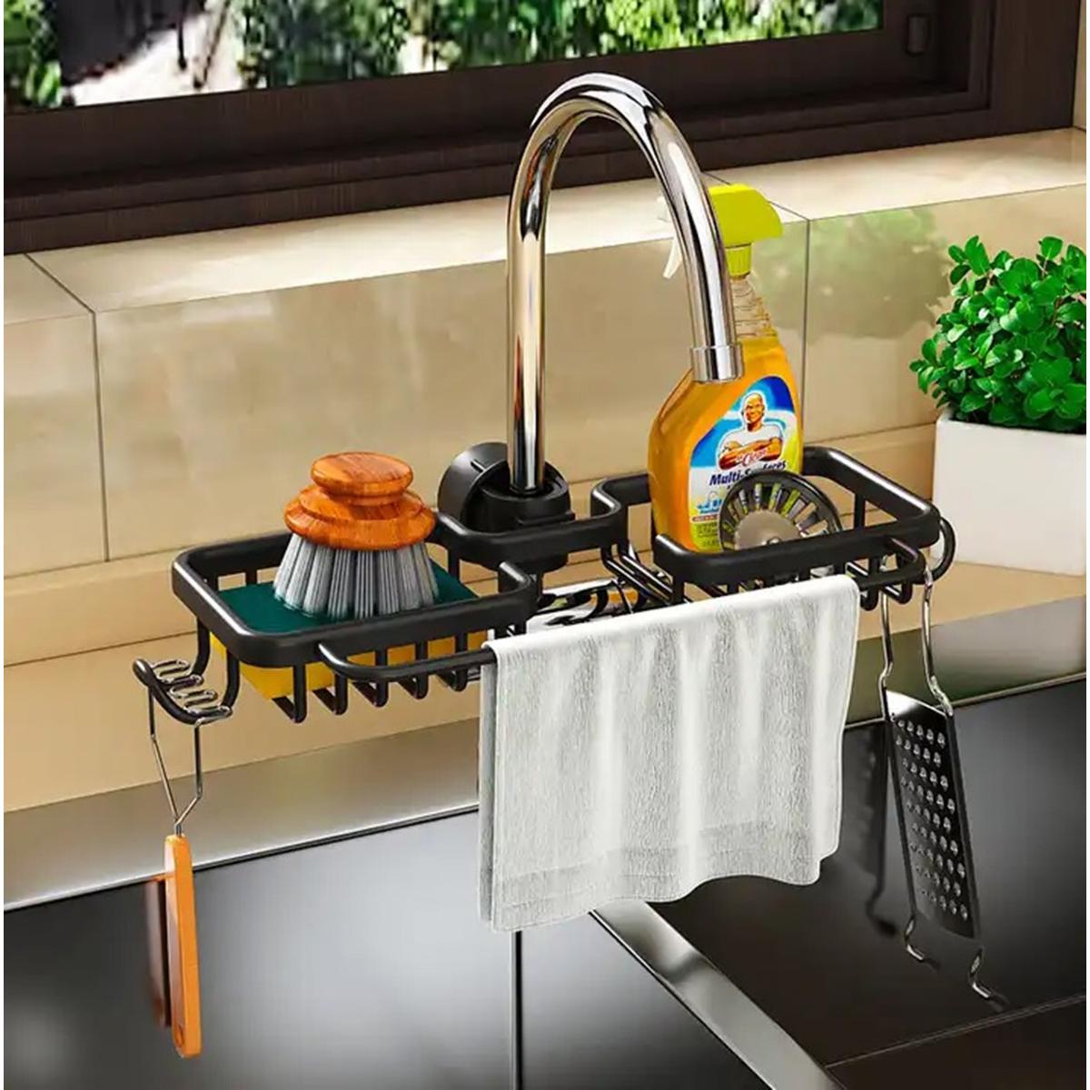 Raft organizator dublu, universal pentru bucatarie sau baie, montaj pe robinet, material otel, culoare Neagra-0