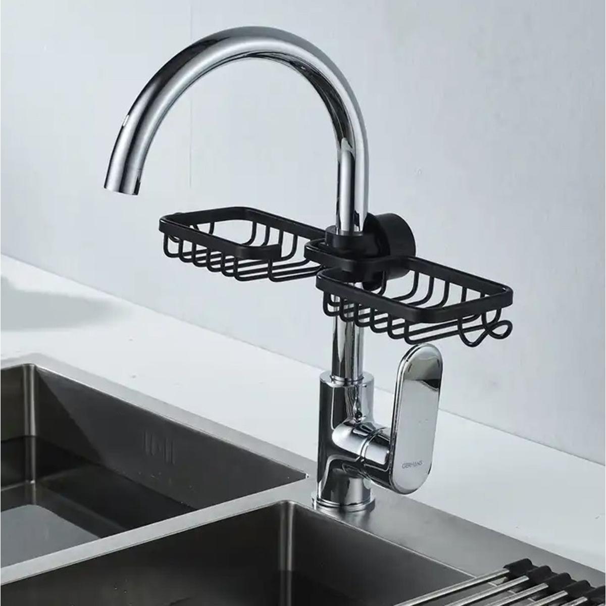 Raft organizator dublu, universal pentru bucatarie sau baie, montaj pe robinet, material otel, culoare Neagra-3