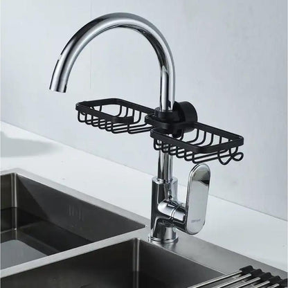 Raft organizator dublu, universal pentru bucatarie sau baie, montaj pe robinet, material otel, culoare Neagra-3