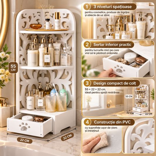 Raft de Colț Organizator Multifunctional din PVC stil Baroque cu 3 Etaje și Sertar, 55 × 22 × 22 cm