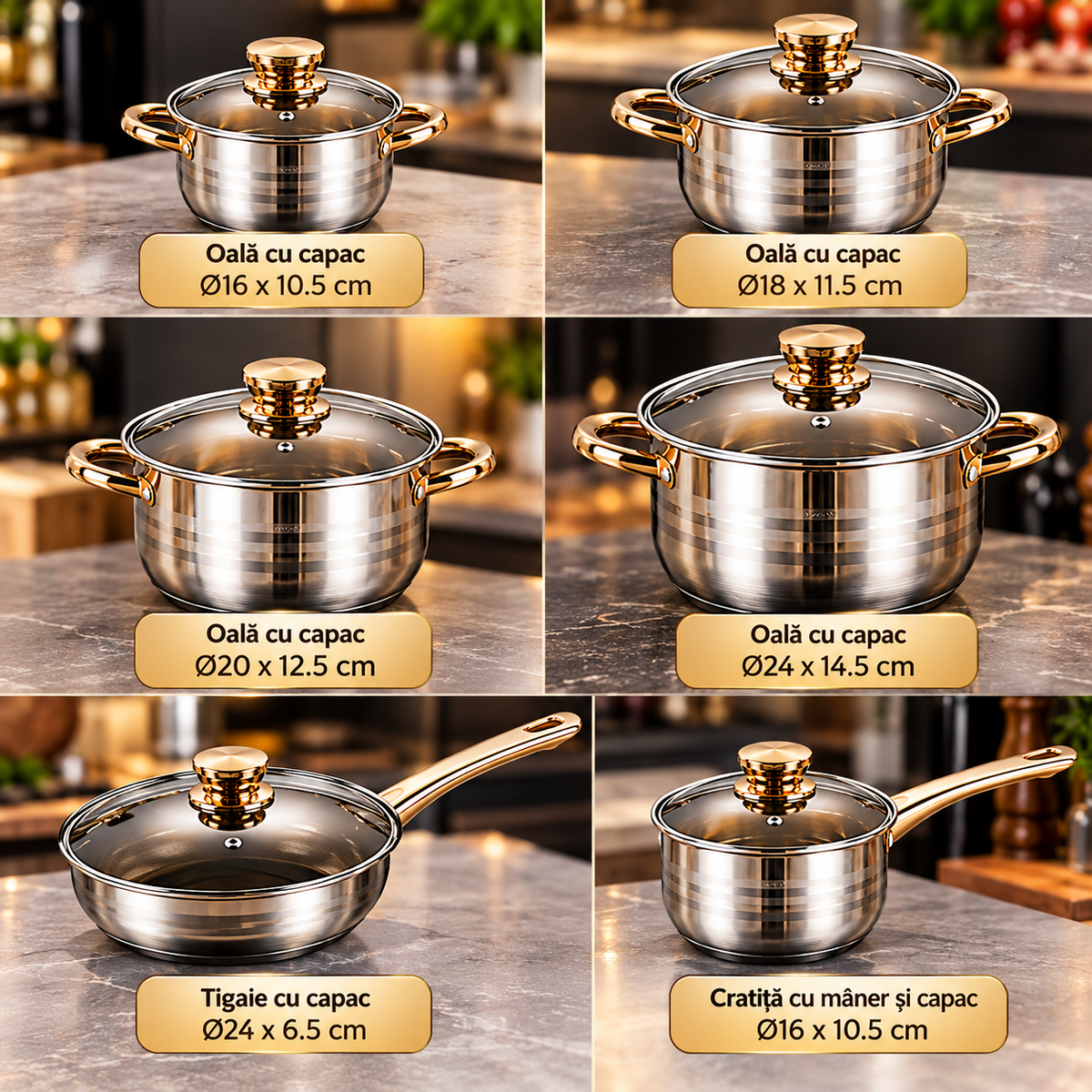 Set Oale Brückmann Premium din Inox – 12 Piese, Bază 5 Straturi, Compatibil Inducție