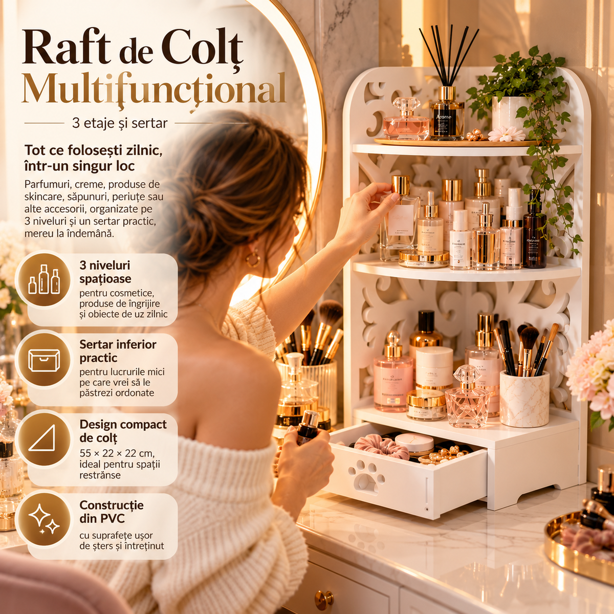 Raft de Colț Organizator Multifunctional din PVC stil Baroque cu 3 Etaje și Sertar, 55 × 22 × 22 cm