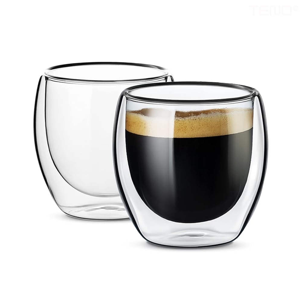 Set 2 Pahare din Sticla cu Perete Dublu Teno999, termorezistente, design modern, capacitate 250 ml, 9 x 8 cm