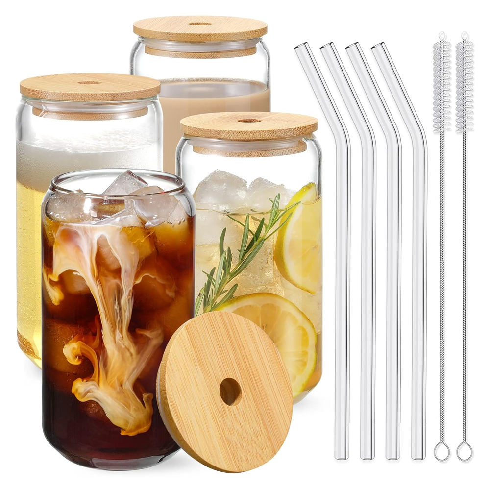 Set 4 Pahare de Sticla cu Capac si Pai Teno1005, sticla borosilicata, perie pentru curatare inclusa, capac din bambus, design modern, termorezistente, capacitate 500 ml, 15 cm