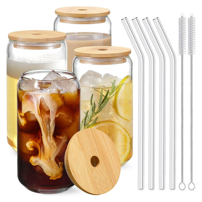 Set 4 Pahare de Sticla cu Capac si Pai Teno1005, sticla borosilicata, perie pentru curatare inclusa, capac din bambus, design modern, termorezistente, capacitate 500 ml, 15 cm
