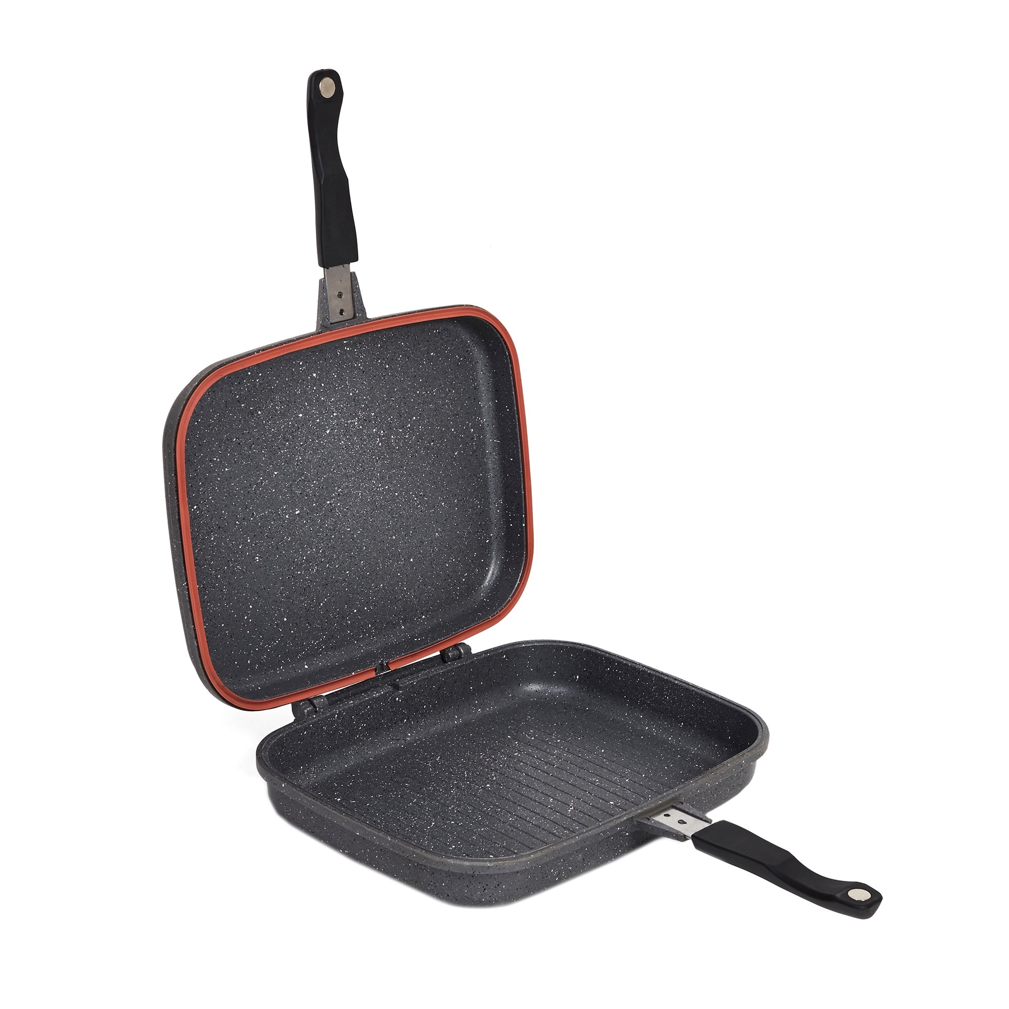 Tigaie dubla grill 36x24x7.5 cm ceramica marmorata, inchidere magnetica, garnitura din silicon, non-stick