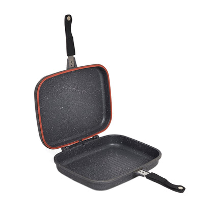 Tigaie dubla grill 36x24x7.5 cm ceramica marmorata, inchidere magnetica, garnitura din silicon, non-stick