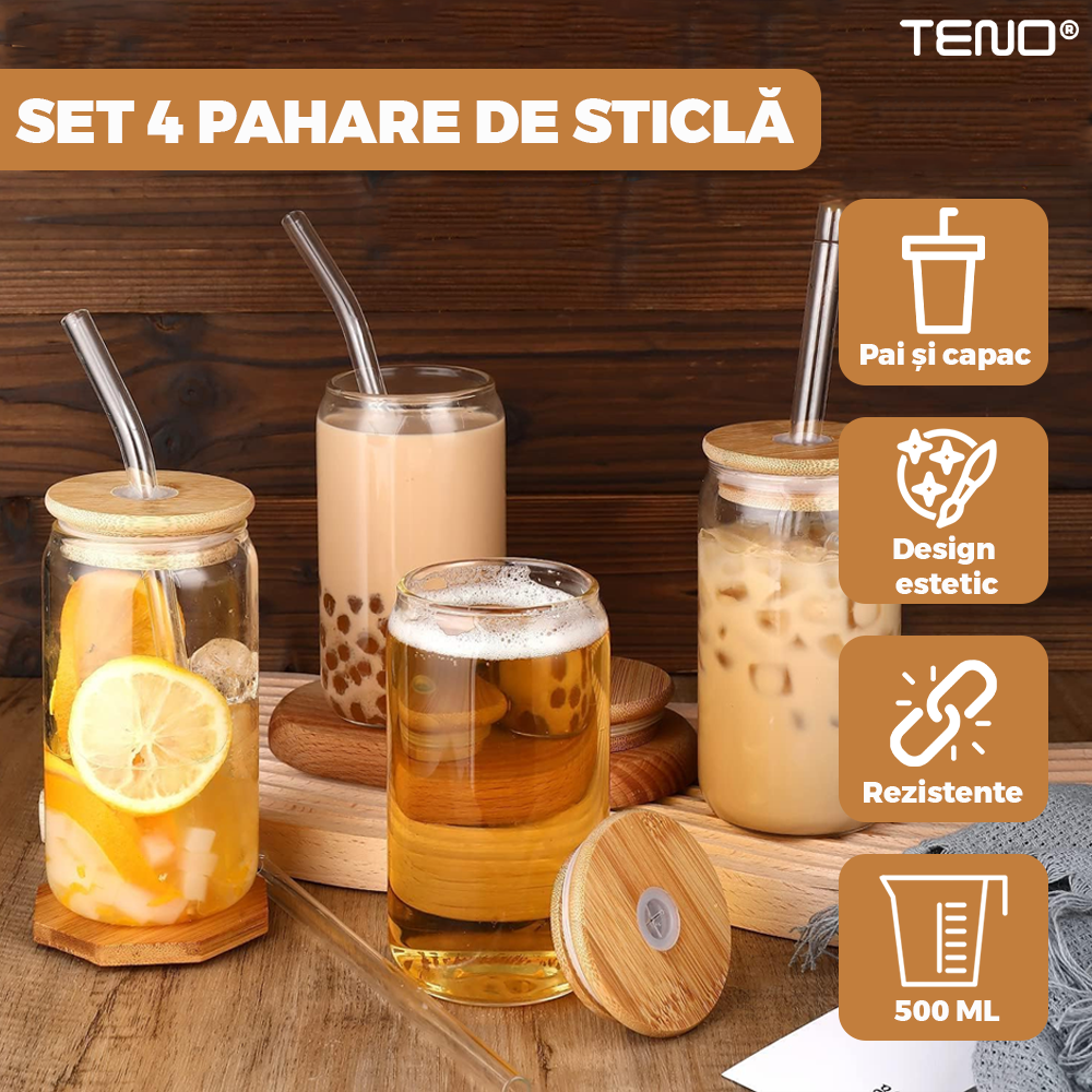 Set 4 Pahare de Sticla cu Capac si Pai Teno1005, sticla borosilicata, perie pentru curatare inclusa, capac din bambus, design modern, termorezistente, capacitate 500 ml, 15 cm