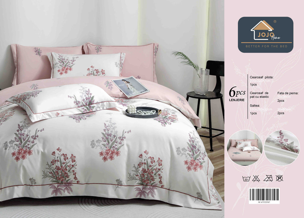 Lenjerie De Lux în Cutie Cadou - Bumbac Finet, 6 Piese, Cearceaf cu Elastic, Model 5
