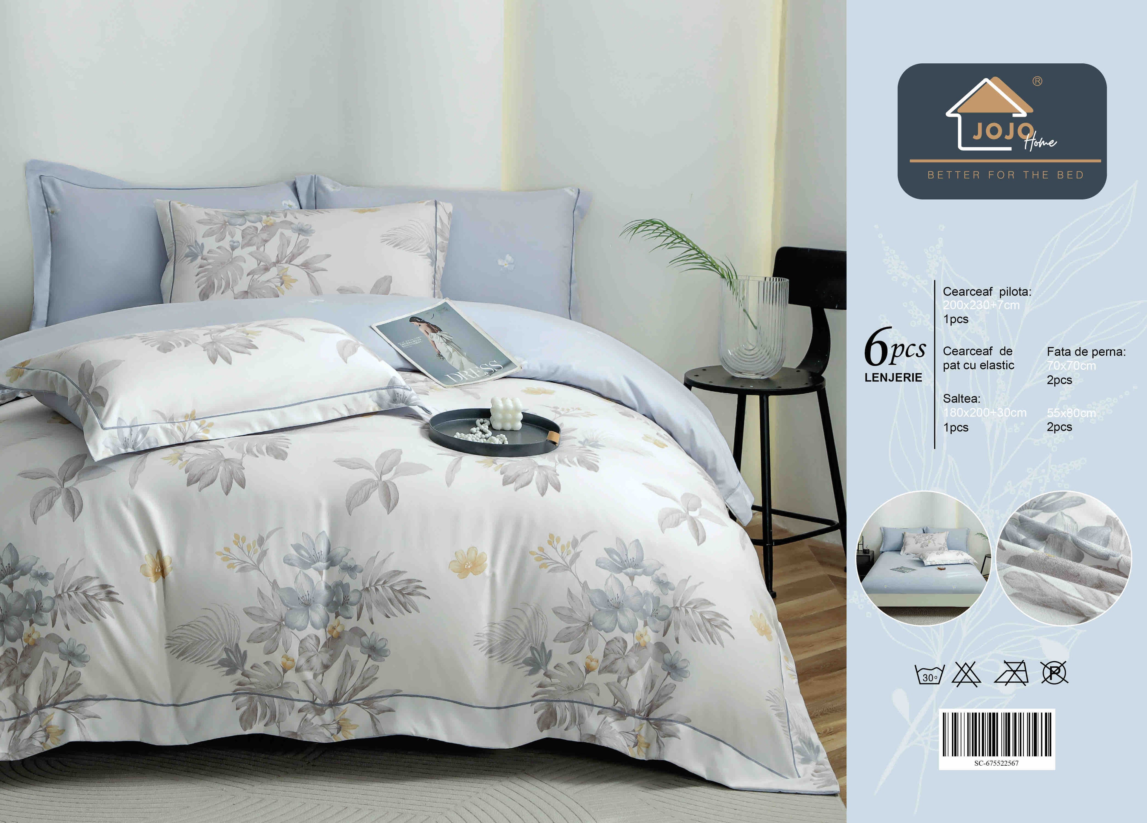 Lenjerie De Lux în Cutie Cadou - Bumbac Finet, 6 Piese, Cearceaf cu Elastic, Model 7