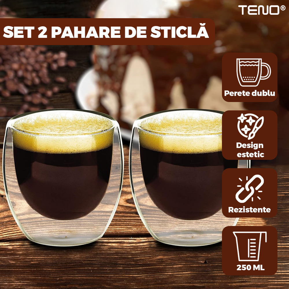 Set 2 Pahare din Sticla cu Perete Dublu Teno999, termorezistente, design modern, capacitate 250 ml, 9 x 8 cm