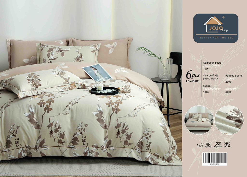 Lenjerie De Lux în Cutie Cadou - Bumbac Finet, 6 Piese, Cearceaf cu Elastic, Model 1