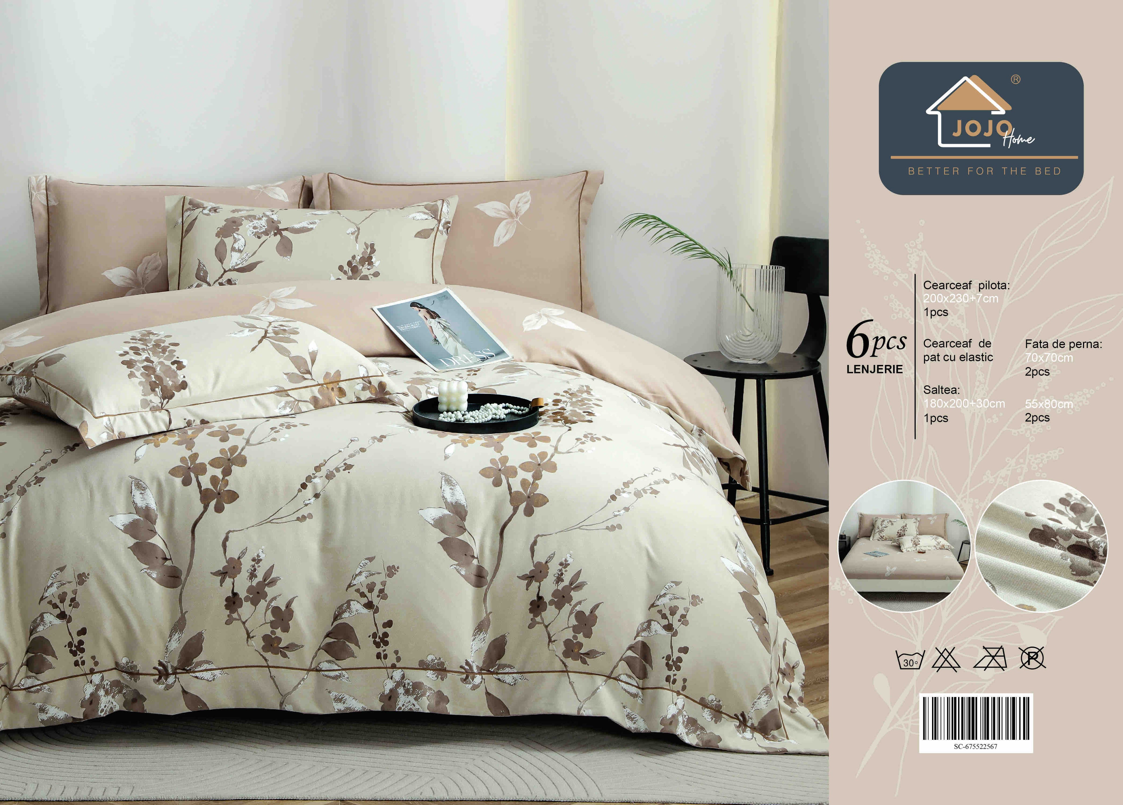 Lenjerie De Lux în Cutie Cadou - Bumbac Finet, 6 Piese, Cearceaf cu Elastic, Model 1