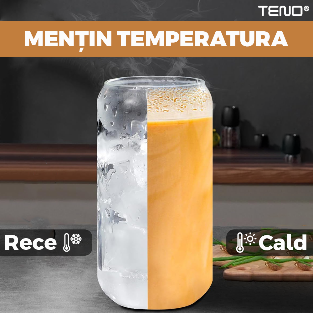 Set 4 Pahare de Sticla cu Capac si Pai Teno1005, sticla borosilicata, perie pentru curatare inclusa, capac din bambus, design modern, termorezistente, capacitate 500 ml, 15 cm