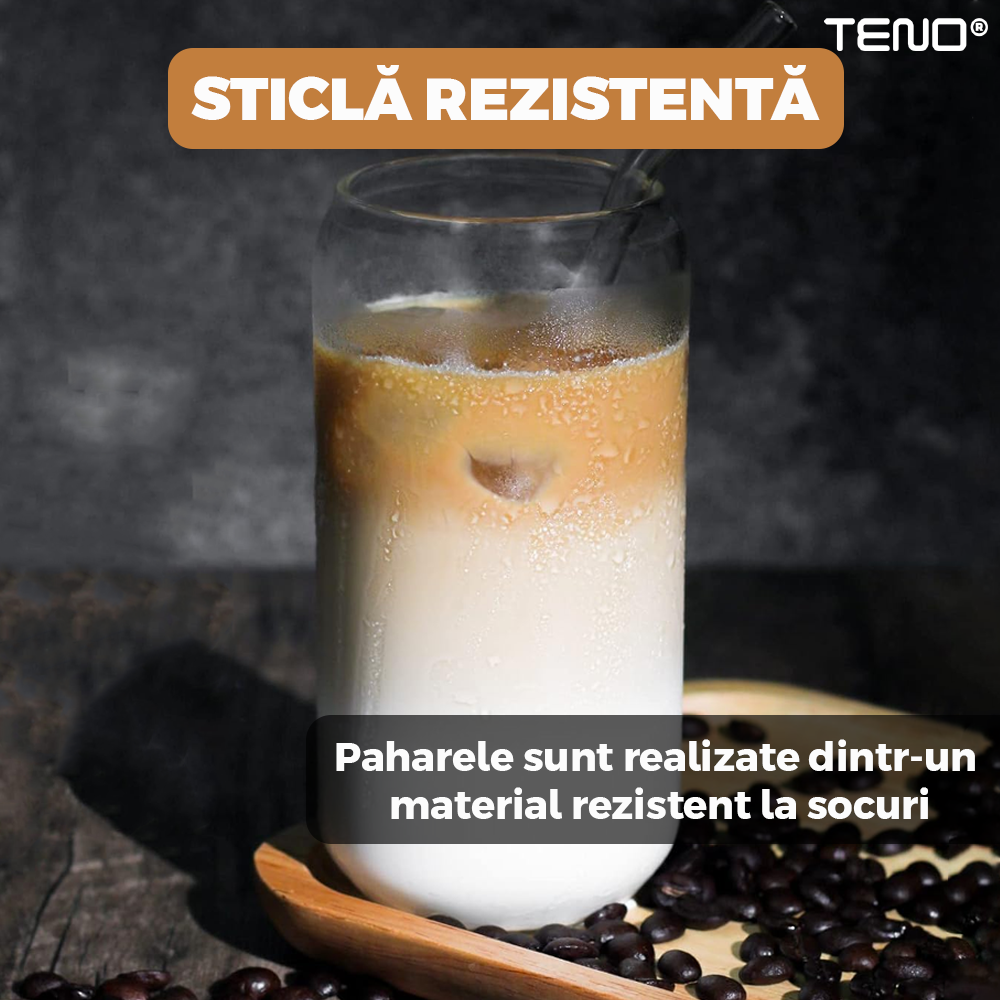 Set 4 Pahare de Sticla cu Capac si Pai Teno1005, sticla borosilicata, perie pentru curatare inclusa, capac din bambus, design modern, termorezistente, capacitate 500 ml, 15 cm