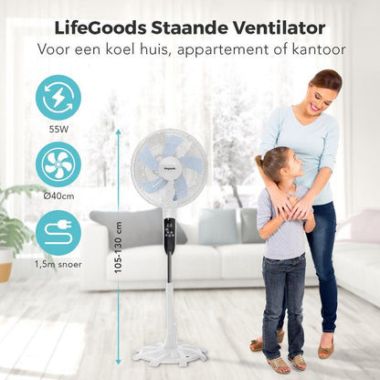 Ventilator cu Picior 50W, Înălțime Ajustabilă, Telecomanda, 3 Viteze, LifeGoods