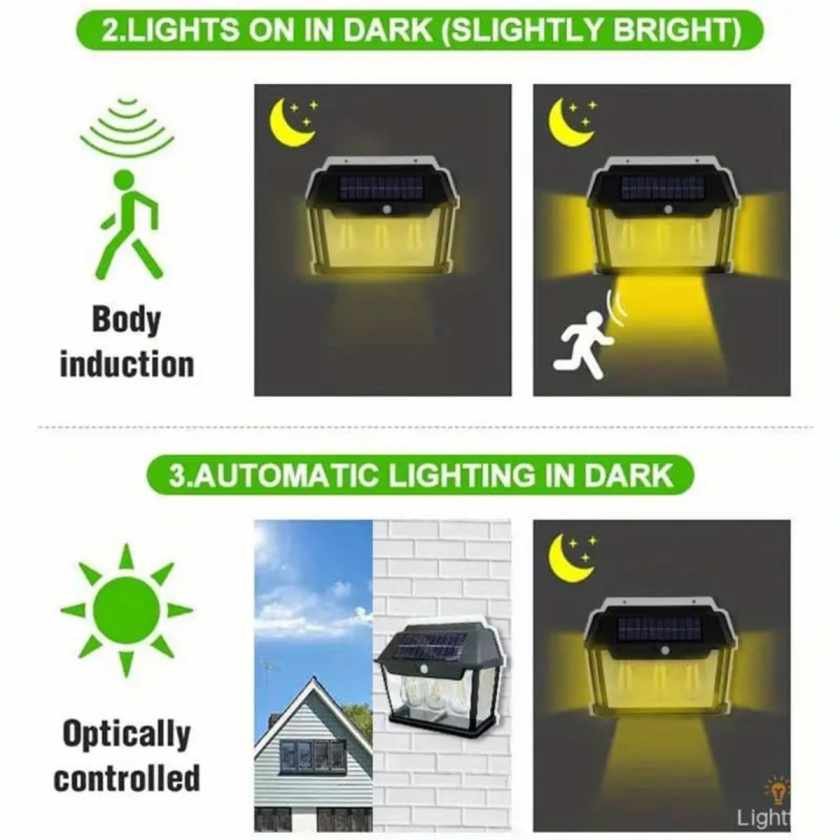 Set 4 x Lampa solară tip Felinar, cu 3 becuri, senzor de mișcare, 38W