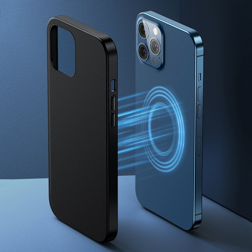 Husa din Piele Eco Baseus Magnetic pentru iPhone 12 / 12 Pro 6.1", Compatibilă MagSafe - Neagră