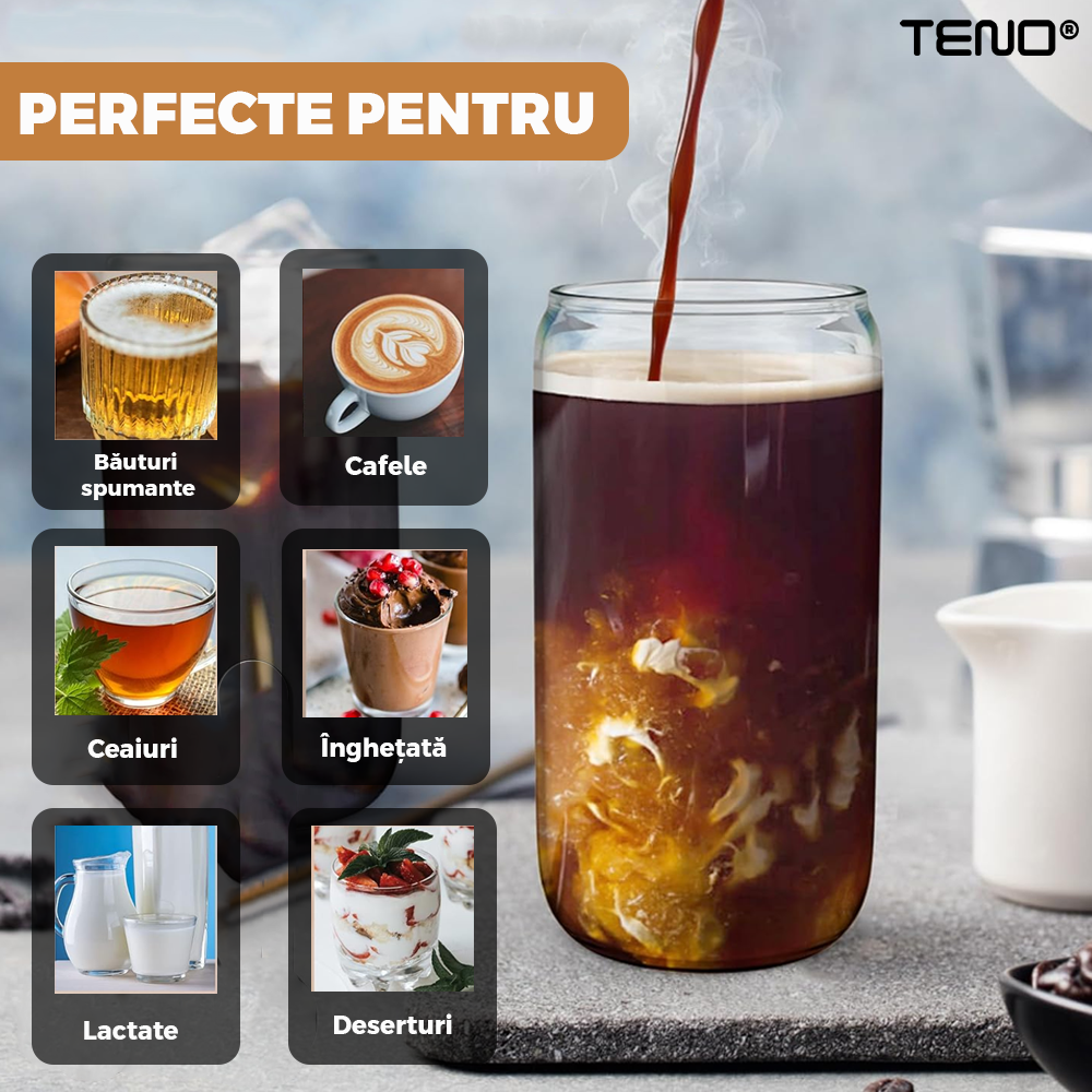 Set 4 Pahare de Sticla cu Capac si Pai Teno1005, sticla borosilicata, perie pentru curatare inclusa, capac din bambus, design modern, termorezistente, capacitate 500 ml, 15 cm