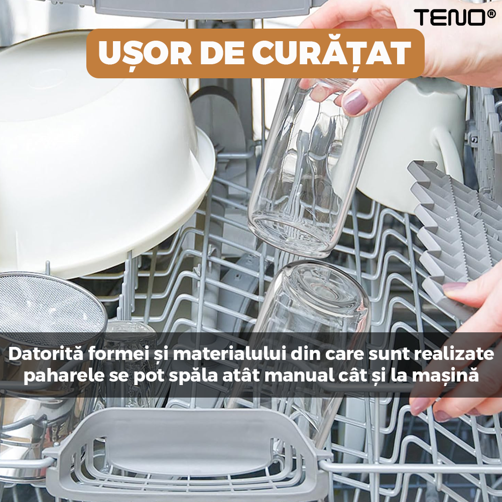 Set 4 Pahare de Sticla cu Capac si Pai Teno1005, sticla borosilicata, perie pentru curatare inclusa, capac din bambus, design modern, termorezistente, capacitate 500 ml, 15 cm