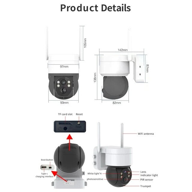 Camera de Supraveghere Solară Jortan, WIFI, Outdoor/Indoor, 1080P Full HD - Siguranță Continuă cu Viziune Nocturnă Color și Alarmă Inteligentă