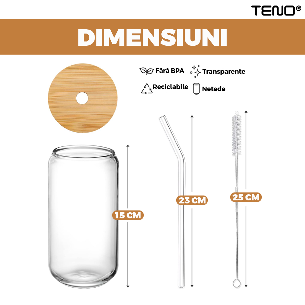 Set 4 Pahare de Sticla cu Capac si Pai Teno1005, sticla borosilicata, perie pentru curatare inclusa, capac din bambus, design modern, termorezistente, capacitate 500 ml, 15 cm