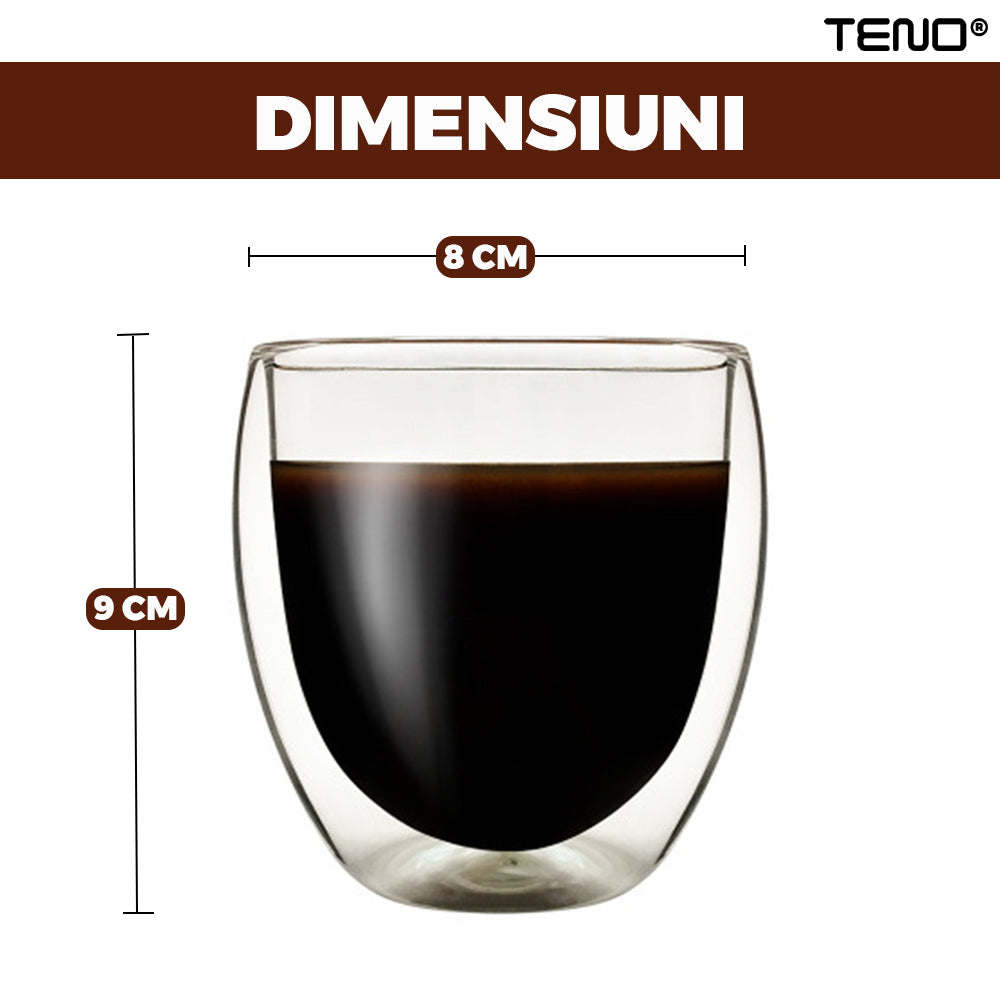 Set 2 Pahare din Sticla cu Perete Dublu Teno999, termorezistente, design modern, capacitate 250 ml, 9 x 8 cm