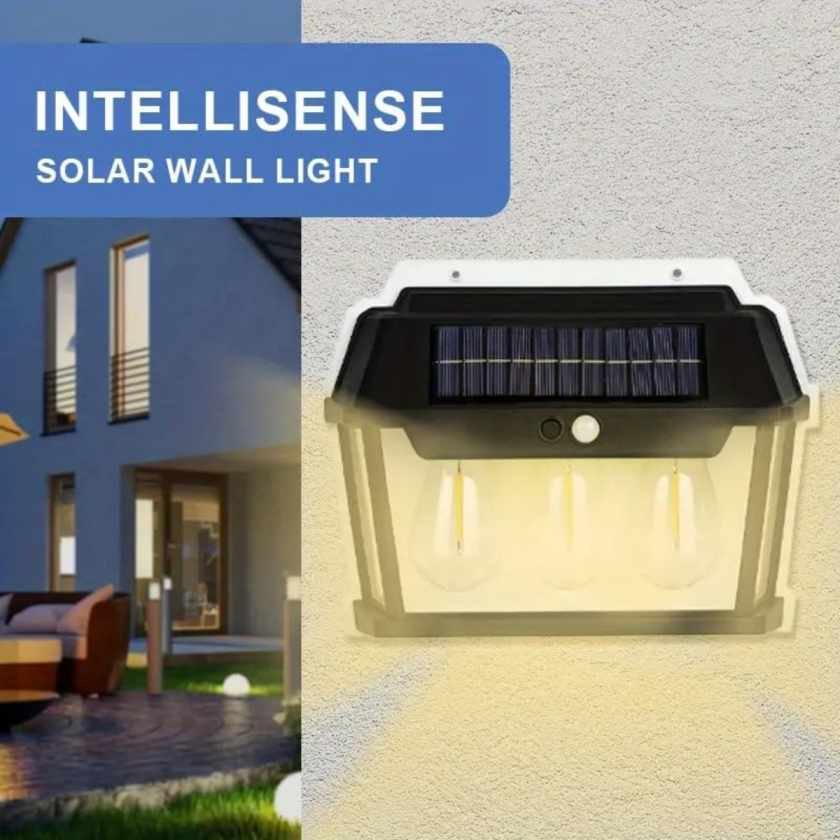 Set 4 x Lampa solară tip Felinar, cu 3 becuri, senzor de mișcare, 38W