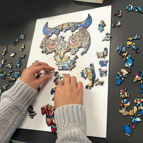 Puzzle din lemn model bufnita, piese in forma de animale