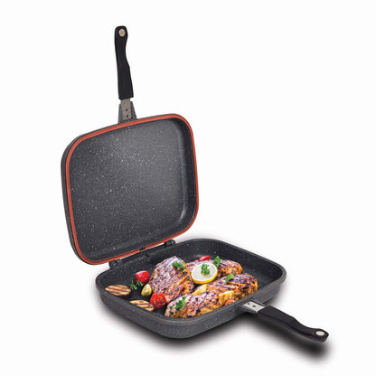 Tigaie dubla grill 36x24x7.5 cm ceramica marmorata, inchidere magnetica, garnitura din silicon, non-stick