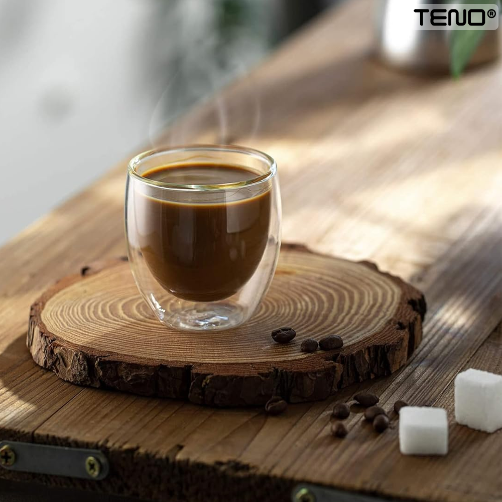 Set 2 Pahare din Sticla cu Perete Dublu Teno999, termorezistente, design modern, capacitate 250 ml, 9 x 8 cm