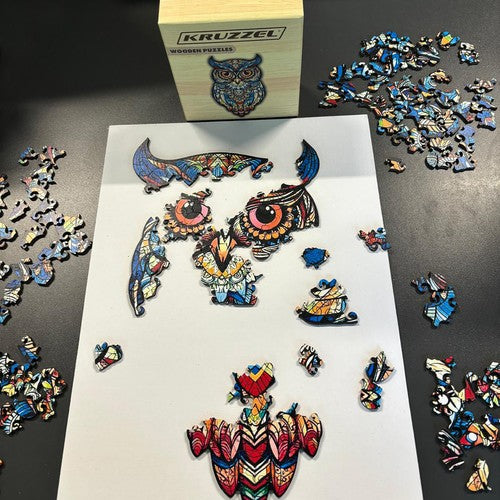 Puzzle din lemn model bufnita, piese in forma de animale