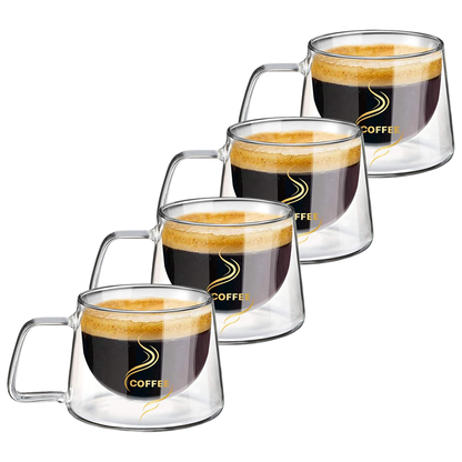 Set 4 Cani de Sticla cu Perete Dublu Teno1004, model COFFEE, design modern, termorezistente, capacitate 200 ml, 12 x 8 cm