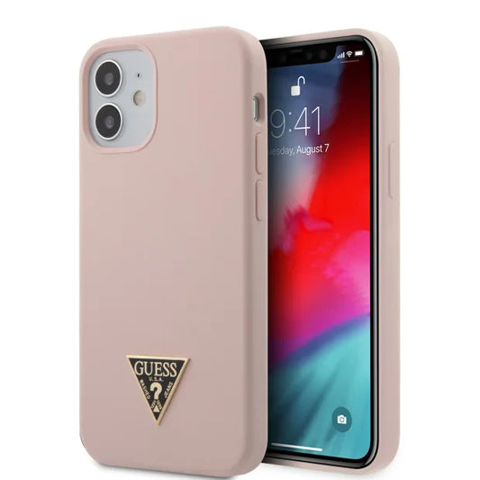 Husa Guess pentru iPhone 12 Mini 5.4" - Light Pink, Silicone Triangle Logo