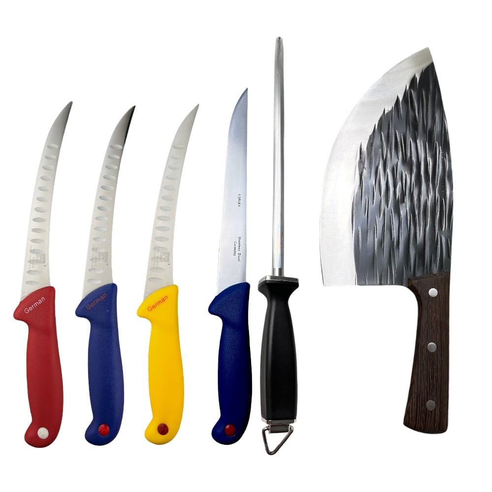 Set 4 Cuțite, Masat cu Lamă Rotundă 30 cm și Satar cu Lamă din Oțel Carbon 24 cm
